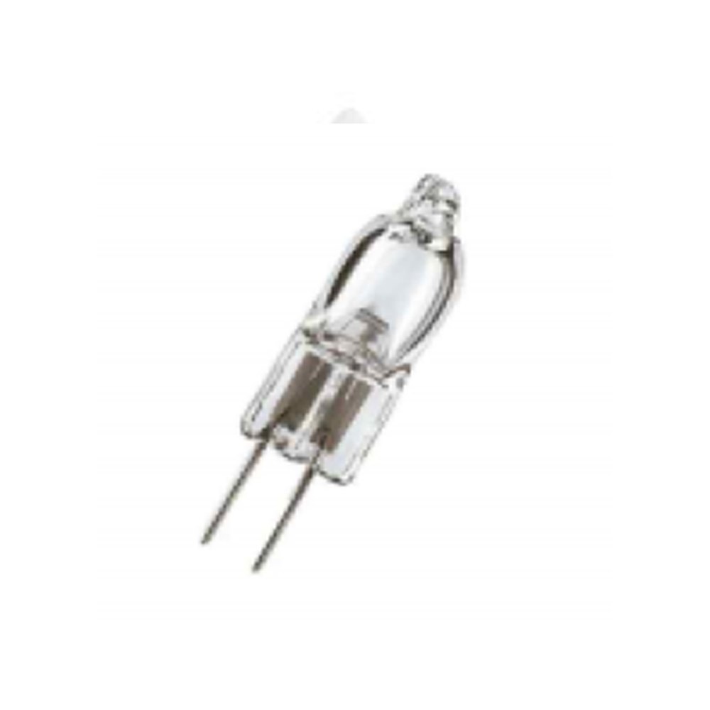 Clear capsule halogen lamp with two thin straight pins — G4 capsule bulbs and 12-volt lighting systems