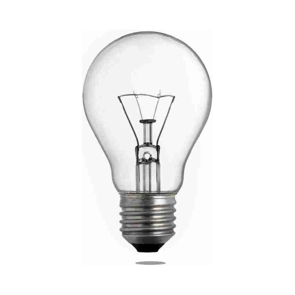 Clear pear-shaped incandescent bulb with the tungsten filament visible — The large E40 cap: where it is used in street and industrial lighting