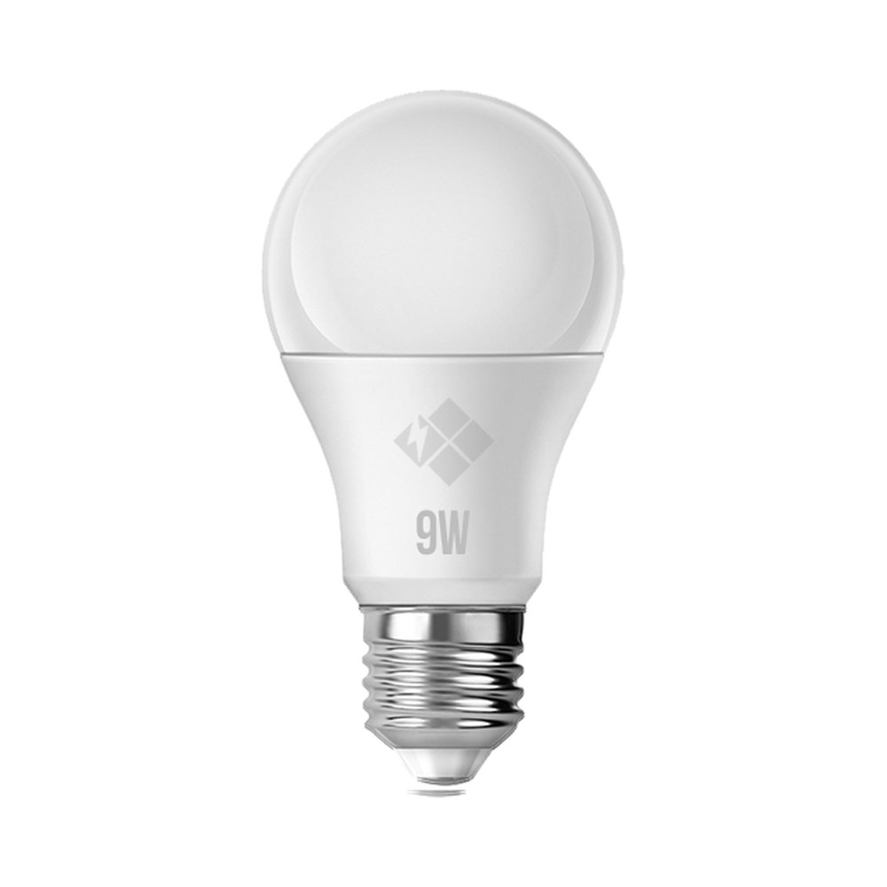 Close view of a branded A-shape LED bulb marked “9W” — How to identify the cap of the bulb you are replacing